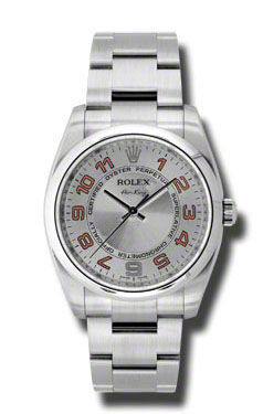 114200 silver dial  orange Arabic numerals Rolex Oyster Perpetual