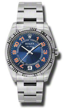 114234 blue dial orange Arabic numerals Rolex Oyster Perpetual