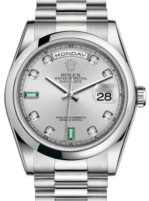 118206 Rhodium set with diamonds and emeralds Rolex Day-Date 36
