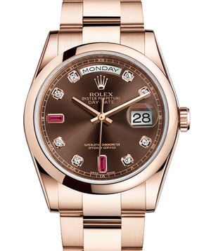 118205 Chocolate set with diamonds and rubies Rolex Day-Date 36