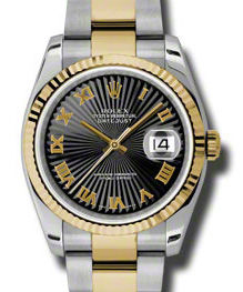116233 black sunbeam Roman dial Oyster Rolex Datejust 36