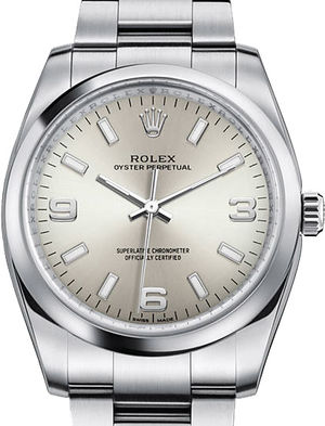 114200 silver dial white index hour markers Arabic Rolex Oyster Perpetual