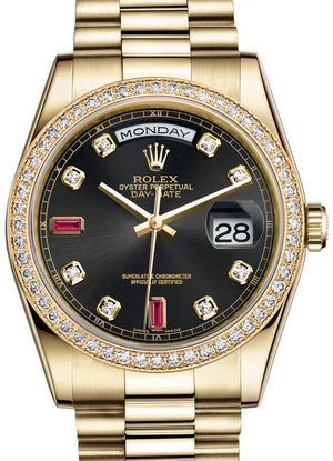 118348 Black set with diamonds and rubies Rolex Day-Date 36