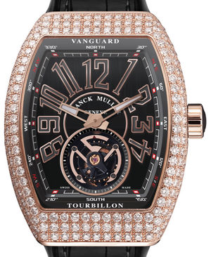 V 45 T D Diamond Rose Gold Black Leather Strap Franck Muller Vanguard Tourbillon