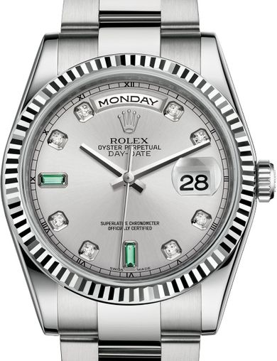 118239 Rhodium set with diamonds and emeralds Rolex Day-Date 36