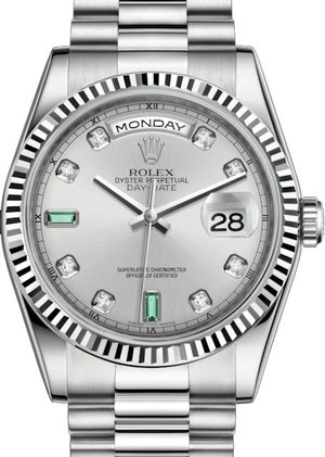 118239 Rhodium set with diamonds and emeralds Rolex Day-Date 36