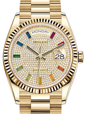 128238 Diamond-paved 10 baguette rainbow sapphires Rolex Day-Date 36