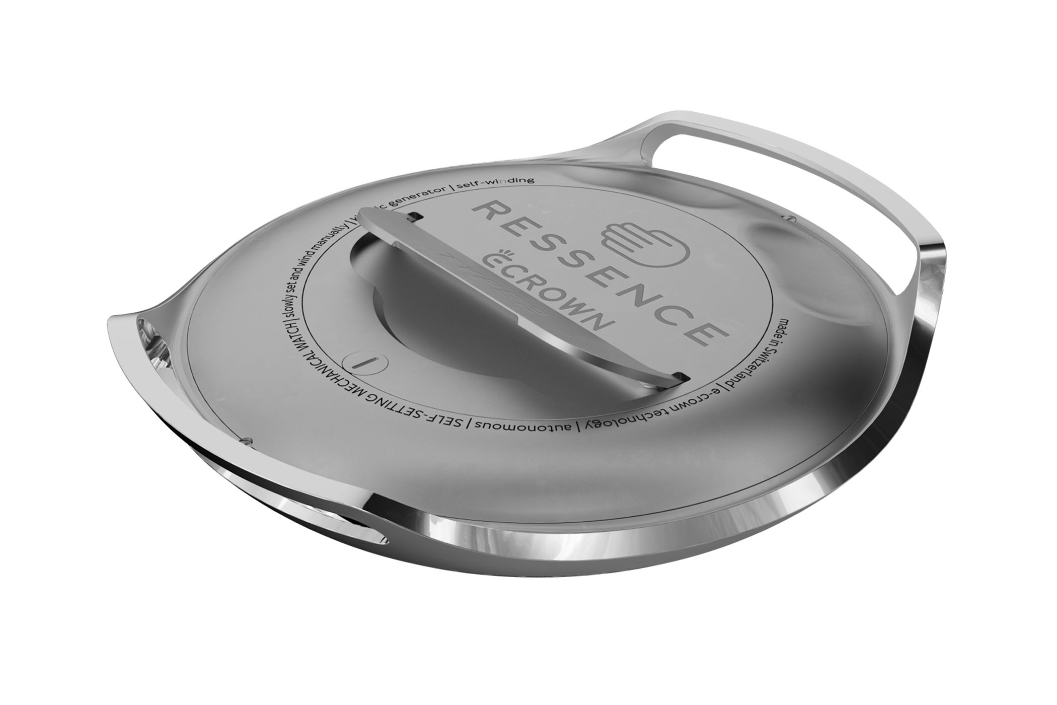 Часы Ressence e-Crown Type 2 можно настроить вручную, с помощью рычага на задней крышке